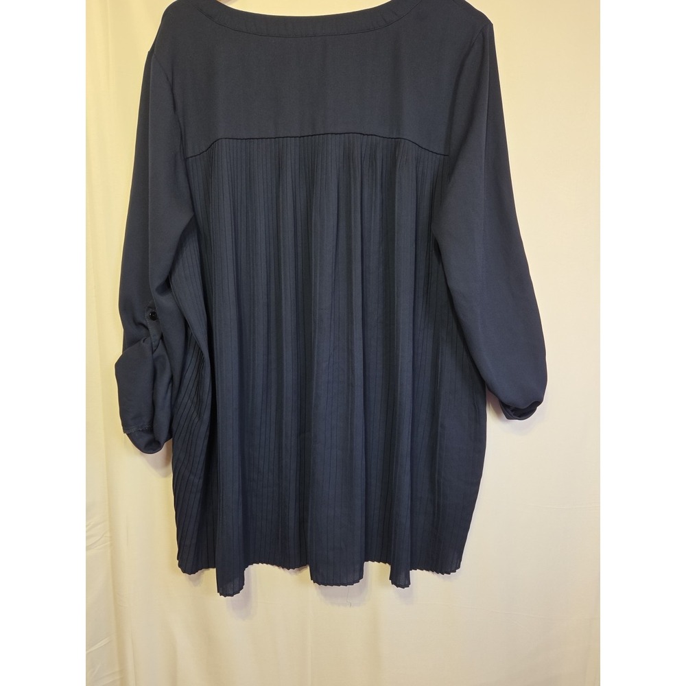 Valerie Stevens 2X Navy Blue High Low Blouse Pleated Back Roll Tab Sleeve - Picture 5 of 10